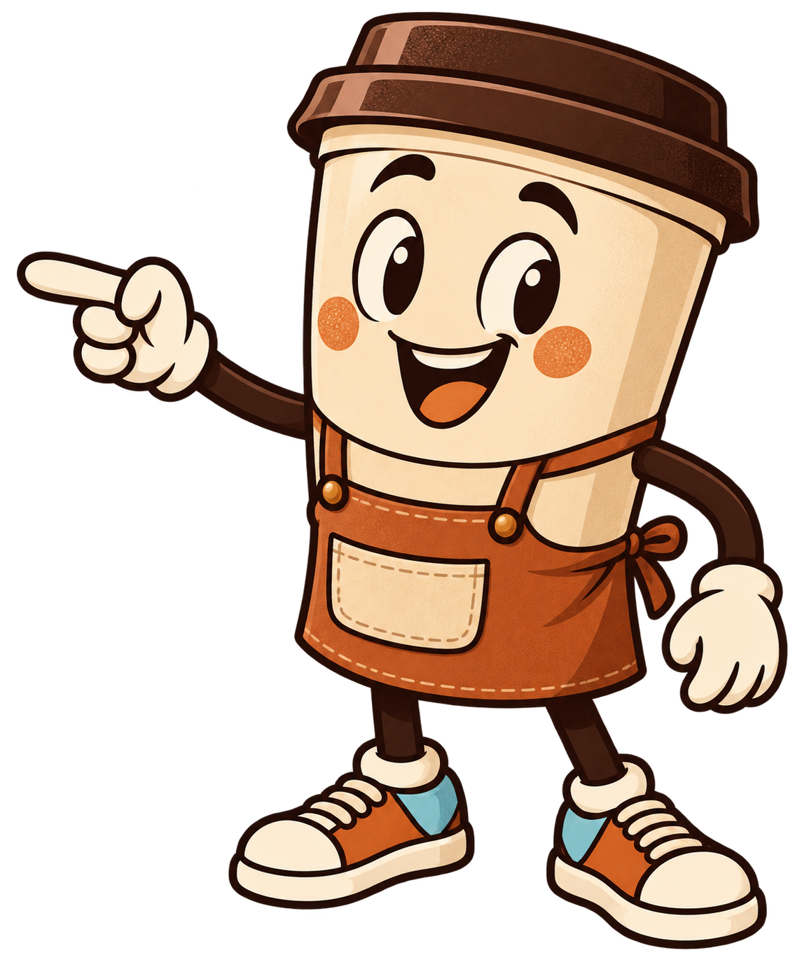 A cheerful coffee cup mascot pointing toward the Slowdown Café opening announcement